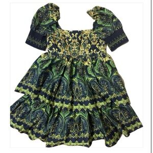 Alice + Olivia Green Black Gold Baroque Patterned Tiered Dress 2 Gothcore